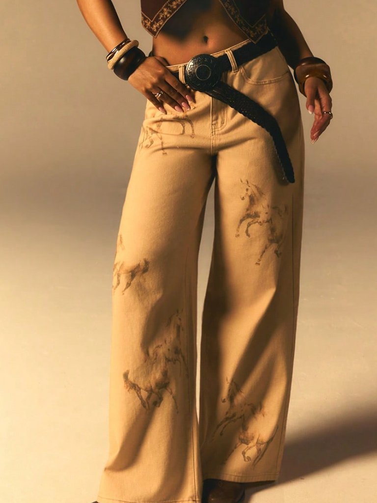 Multicolor Horse Print Casual Women's Denim Wide-Leg Jeans
